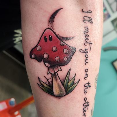 Red mushroom tattoo by nicole at tantrix body art 