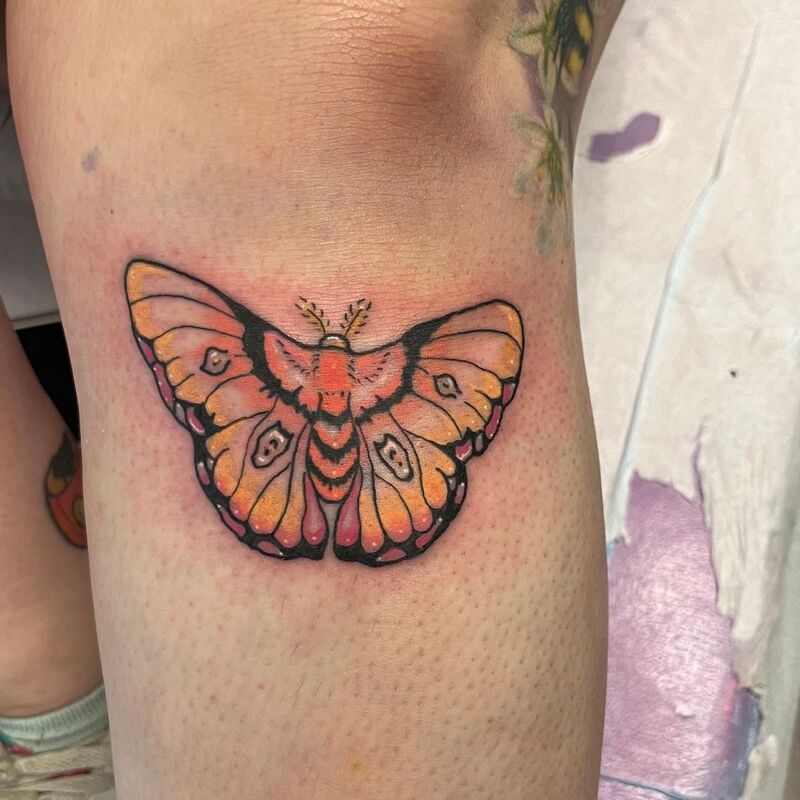colourful moth tattoo by bella at tantrix body art
