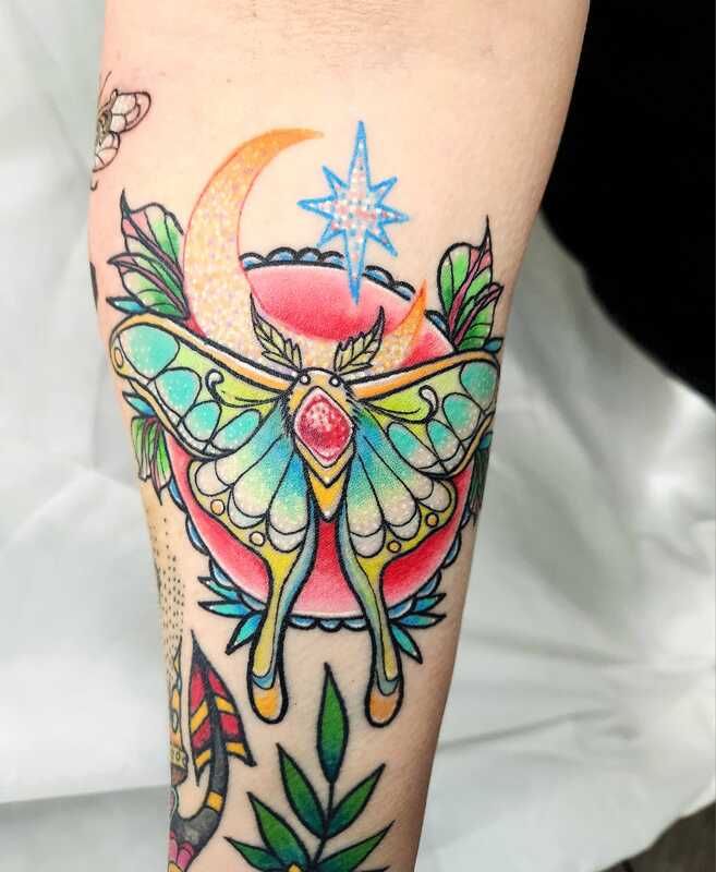  colourful moth tattoo by nicole at tantrix bodyart