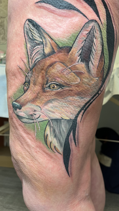 fox thigh tattoo by bella at tantrix body art