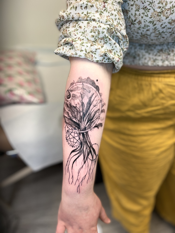 Tree line work tattoo  by bella at tantrix body art